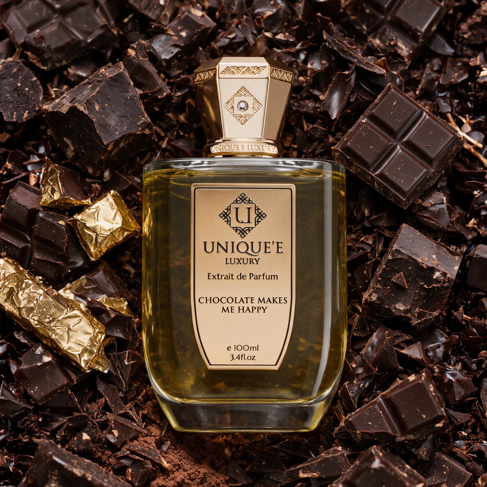A bottle of 'Chocolate Makes Me Happy' perfume by Unique'e Luxury with a gold-colored cap and a clear amber-colored liquid inside.