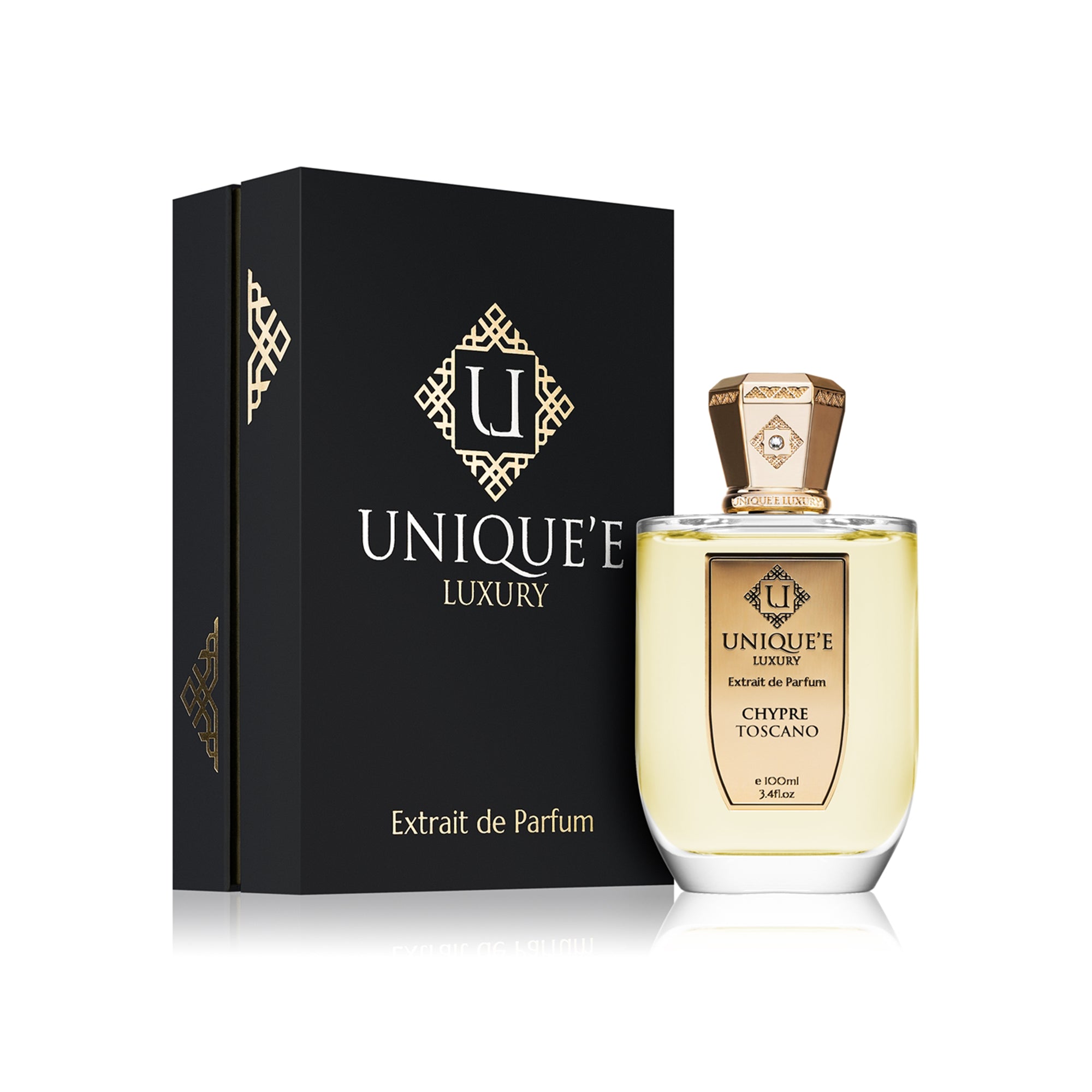 A bottle of CHYPRE TOSCANO perfume by Unique'e Luxury with a gold-colored cap and a label indicating it is an extract de Parfum.