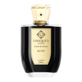 A black bottle of 'KUTAY 100 ml' perfume with a gold label and cap, under the brand name 'UNIQUE E LUXURY'. The bottle is filled with a yellowish liquid and has a luxurious appearance.