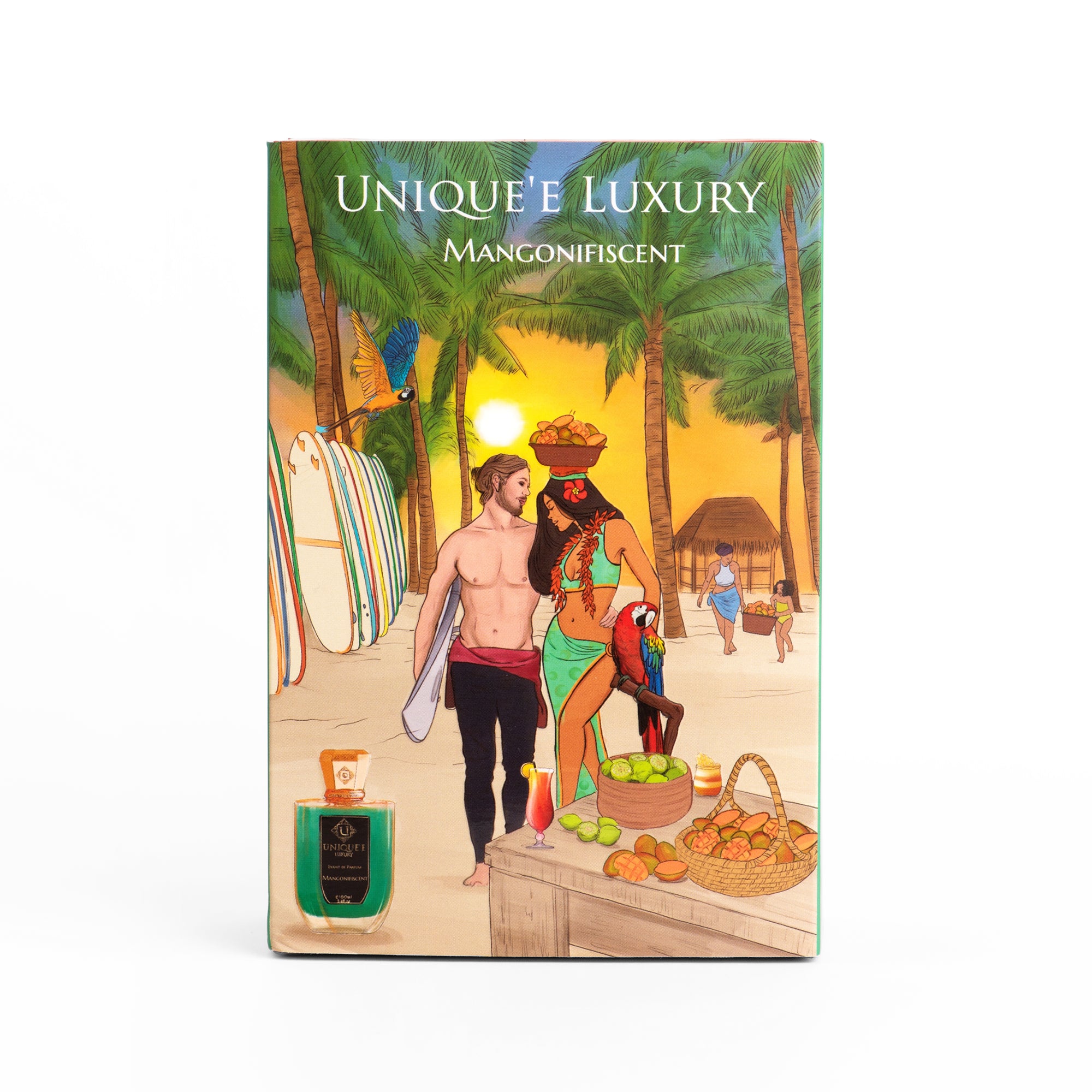 A green perfume bottle with a gold cap labeled 'Uniqueé Luxury' and 'Mangonifiscent'.