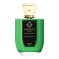 A green perfume bottle with a gold cap labeled 'Uniqueé Luxury' and 'Mangonifiscent'.