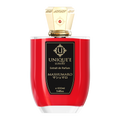A red perfume bottle with a gold cap labeled 'Uniqueé Luxury' and 'Mashumaro'.