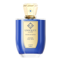 A blue perfume bottle with a gold cap labeled 'Uniqueé Luxury - Ocean The Rive' with text indicating it is a 100 ml extract de parfum.