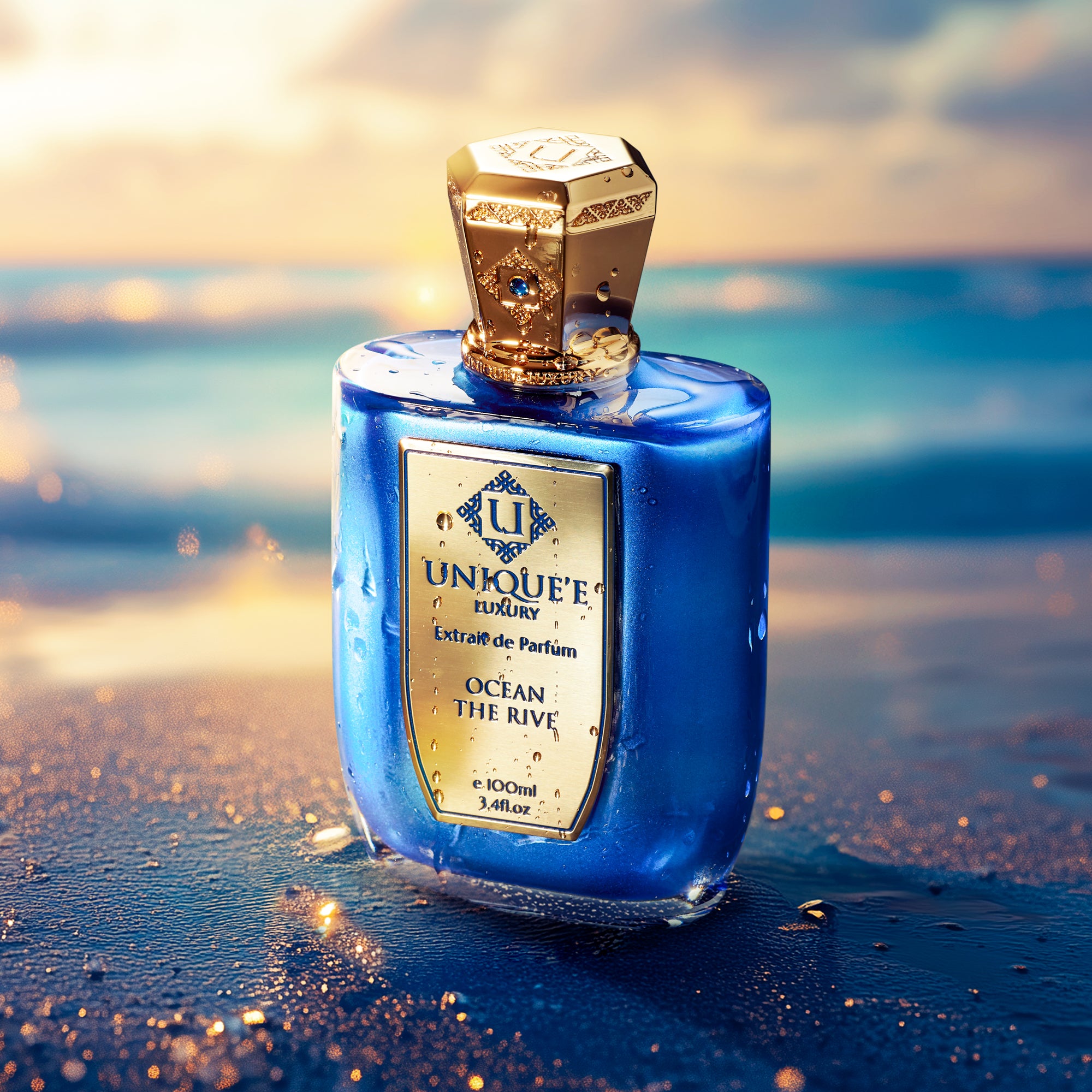 A blue perfume bottle with a gold cap labeled 'Uniqueé Luxury - Ocean The Rive' with text indicating it is a 100 ml extract de parfum.