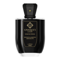 A black perfume bottle with a black cap, featuring a gold-colored Swarovski gem on the cap. Unique luxury wood & mood